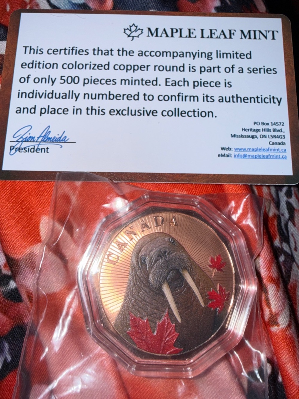 Limited ed. Maple Leaf Mint 1 OZ .999 Copper Hexagon  Walrus guard of North.